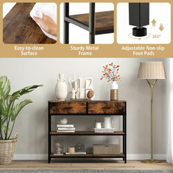 Konsolbord rustik brun metal 100x30 cm med 2 hylder og 2 kurve