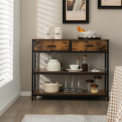 Konsolbord rustik brun metal 100x30 cm med 2 hylder og 2 kurve