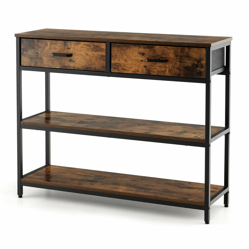 Konsolbord rustik brun metal 100x30 cm med 2 hylder og 2 kurve