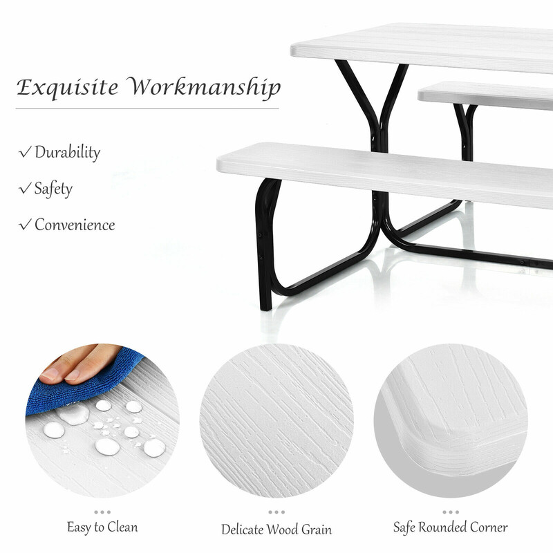 Picknickbord sæt hvid HDPE med to bænke til udendørs brug