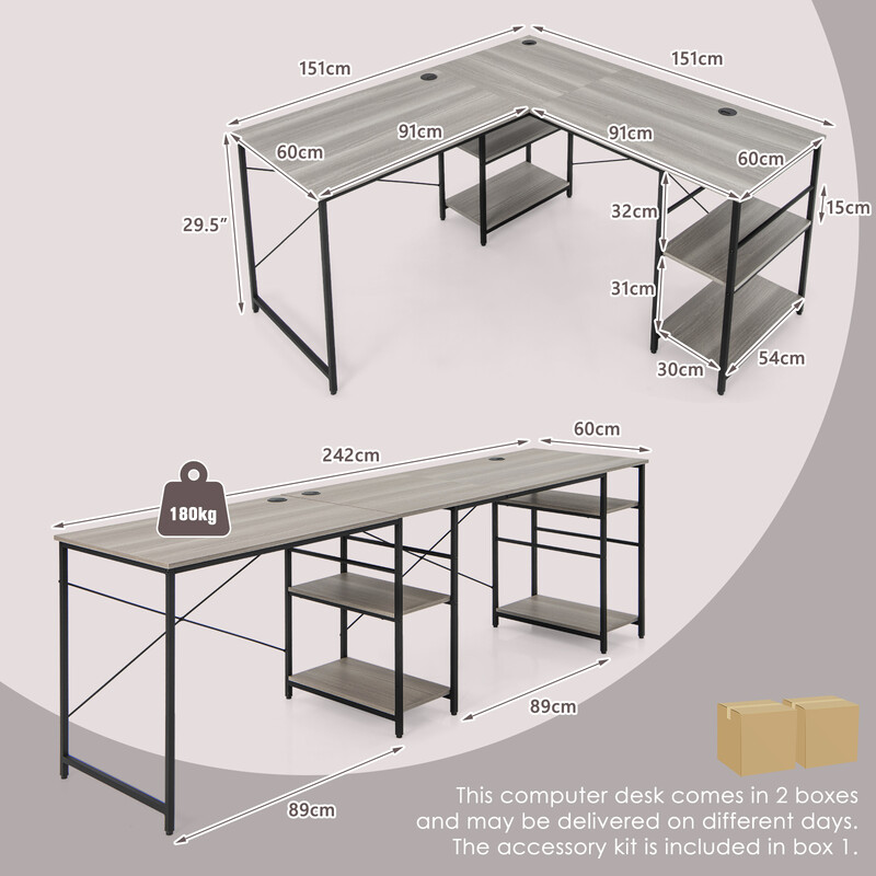 L-formet skrivebord i træ og metal grå 151x151 cm justerbare hylder