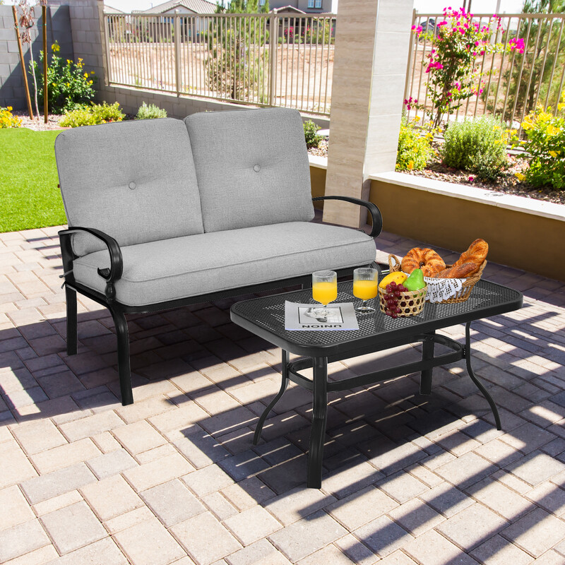 Stål 2-sæders udendørs bænk med bord og puder grå 120x74 cm