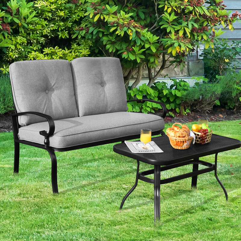 Stål 2-sæders udendørs bænk med bord og puder grå 120x74 cm