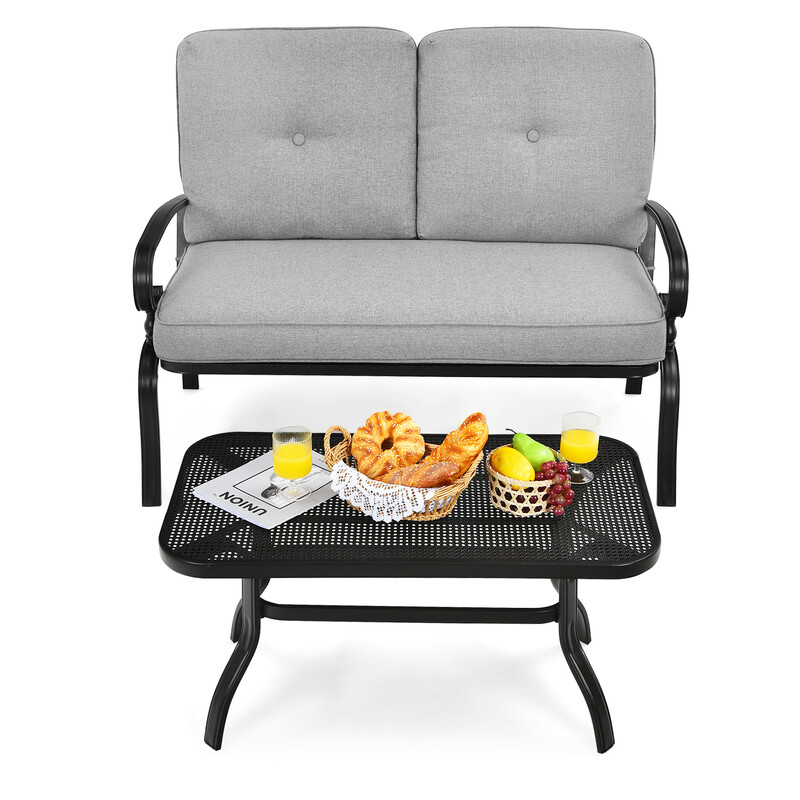 Stål 2-sæders udendørs bænk med bord og puder grå 120x74 cm