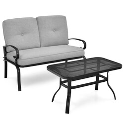 Stål 2-sæders udendørs bænk med bord og puder grå 120x74 cm