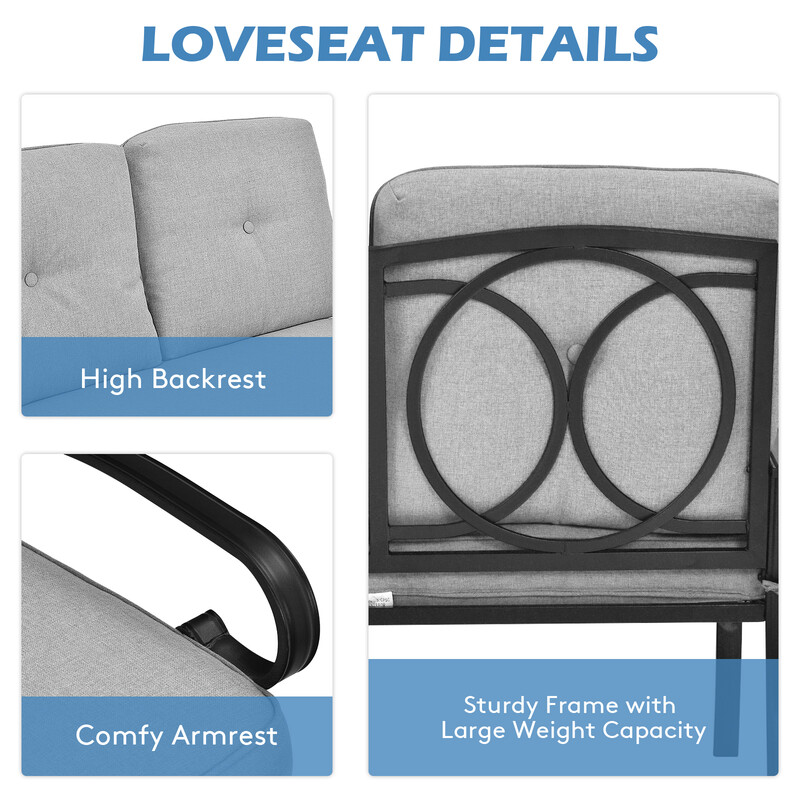 Stål 2-sæders udendørs bænk med bord og puder grå 120x74 cm