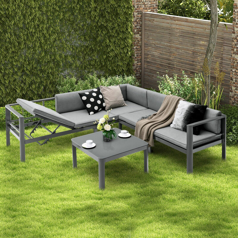 Aluminium lounge-sæt til have med justerbar 3‑sæders sofa og loveseat grå