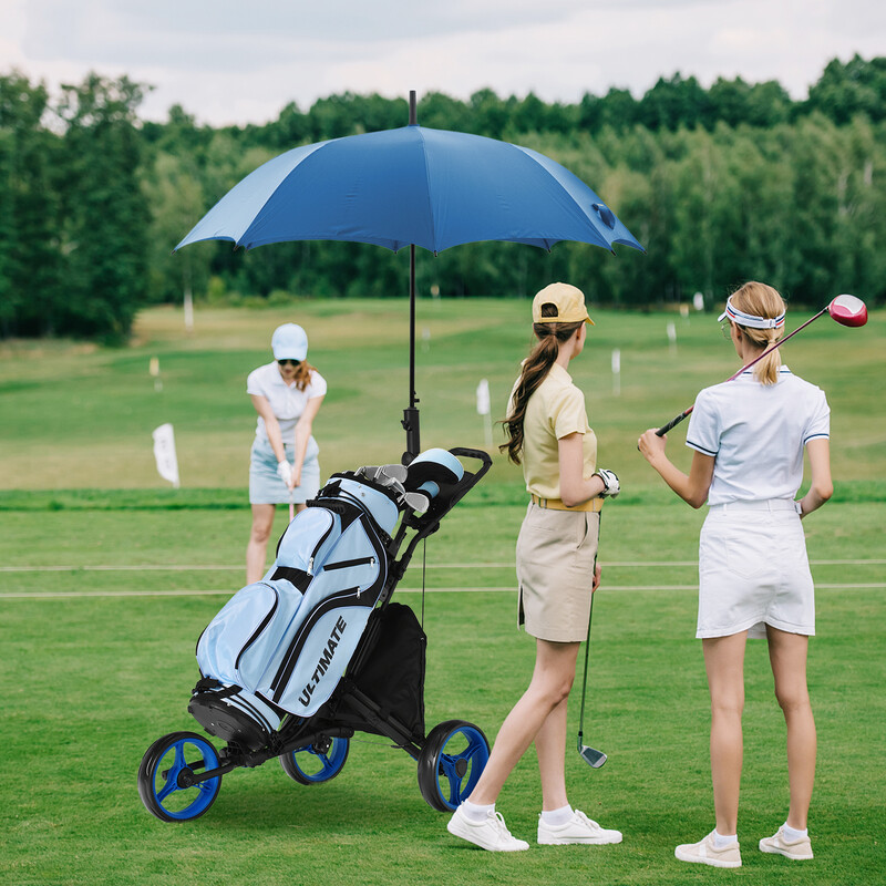 Golfvogn aluminium 3-hjulet sammenklappelig blå med justerbart håndtag og paraplyholder