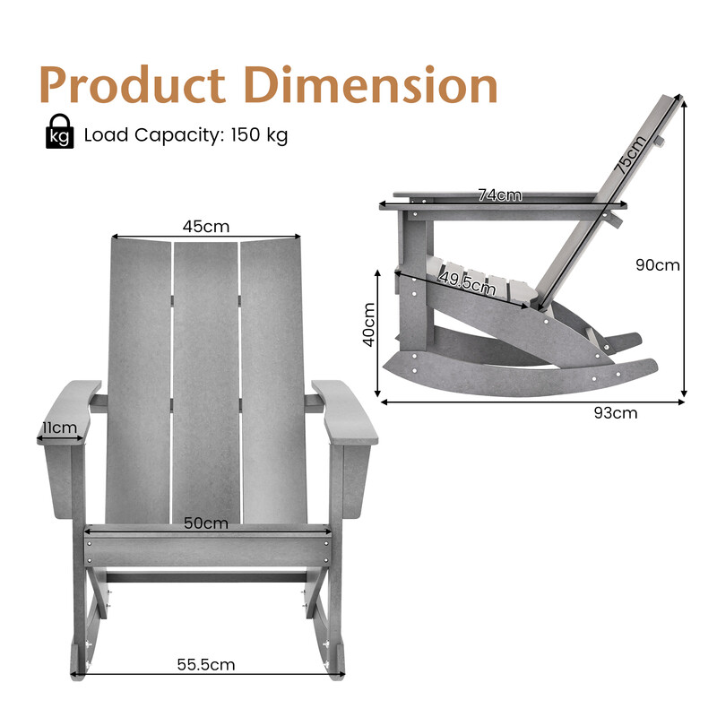 Gyngestol udendørs Adirondack grå HDPE 93x55