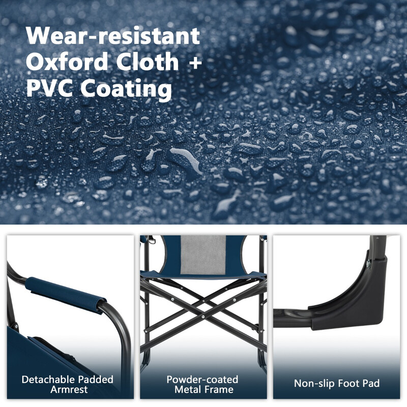 Campingstol blå metalramme Oxford-stof 113x56x98 cm med køletaske og sidestativ
