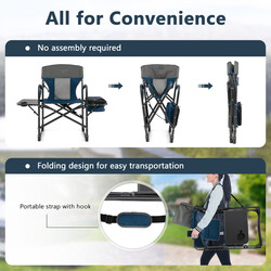 Campingstol blå metalramme Oxford-stof 113x56x98 cm med køletaske og sidestativ