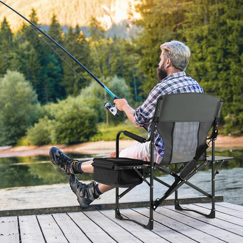 Campingstol sort metalramme vandtæt Oxford‑stof 113x56x98 cm med køletaske og sidbord