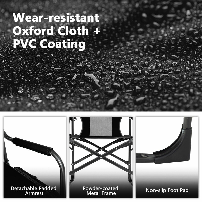 Campingstol sort metalramme vandtæt Oxford‑stof 113x56x98 cm med køletaske og sidbord