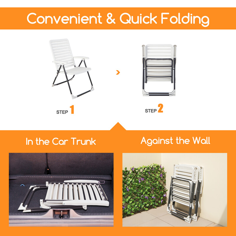 Hvid udendørs klapstol i PP og metal med 7-trins justerbar rygstøtte