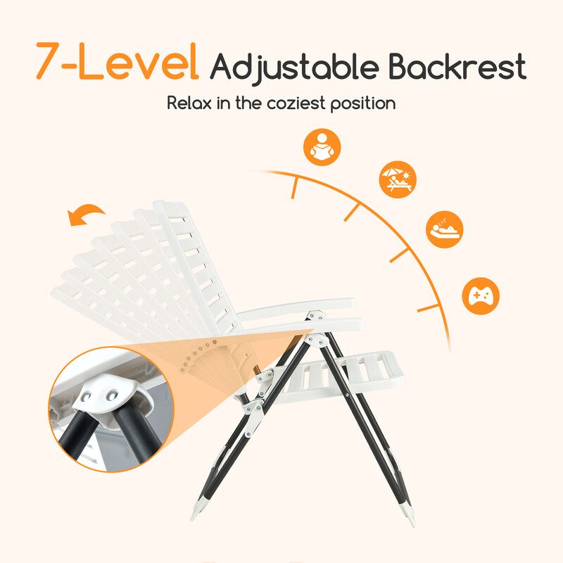 Hvid udendørs klapstol i PP og metal med 7-trins justerbar rygstøtte