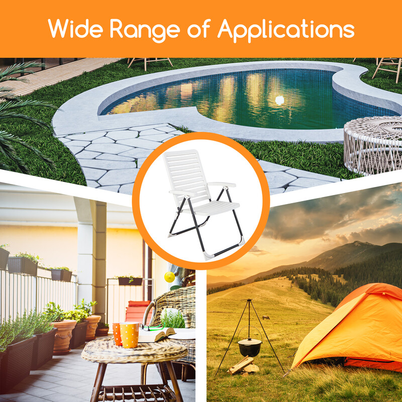 Hvid udendørs klapstol i PP og metal med 7-trins justerbar rygstøtte