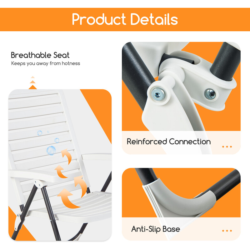 Hvid udendørs klapstol i PP og metal med 7-trins justerbar rygstøtte