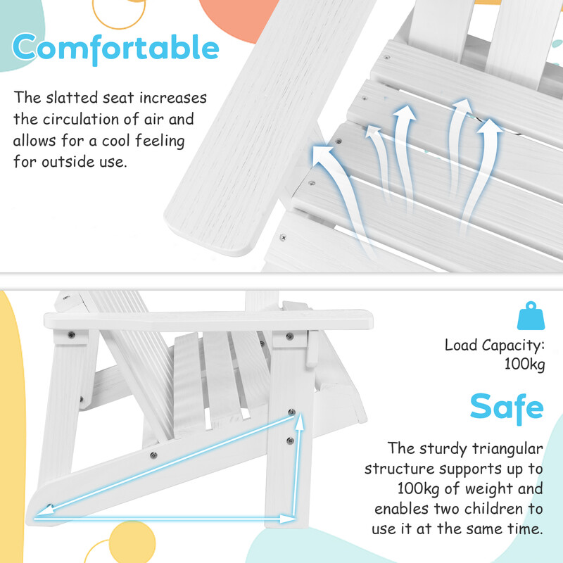 Adirondackstol gran hvid 2‑sæde udendørs til børn