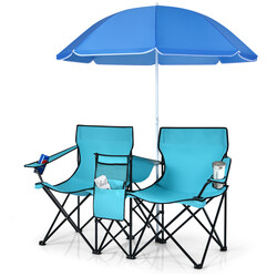 Sammenklappelig campingstol i stål og PVC med parasol bord og krusholder grøn