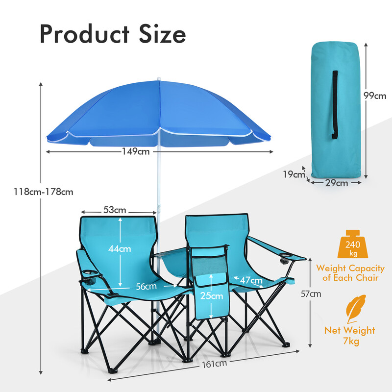 Sammenklappelig campingstol i stål og PVC med parasol bord og krusholder grøn