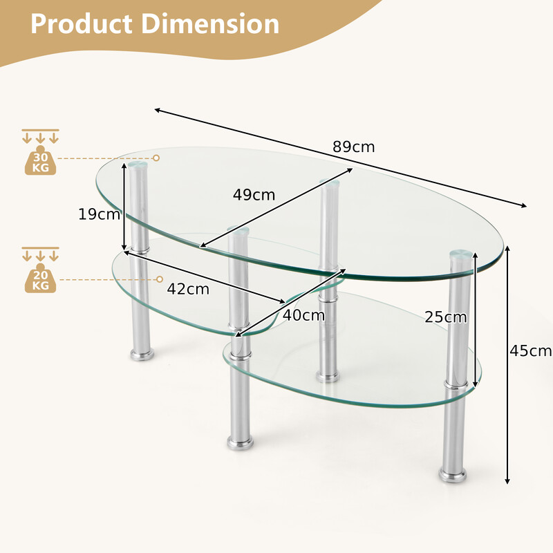 Ovalt glas sofabord med tre hylder 90x50x45 cm stålram
