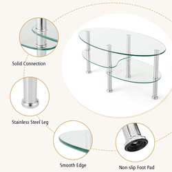 Ovalt glas sofabord med tre hylder 90x50x45 cm stålram