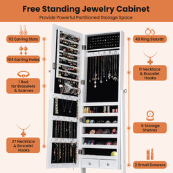 Låsbart smykkeskab hvid MDF 46x37x156 cm med justerbart helkropsspejl