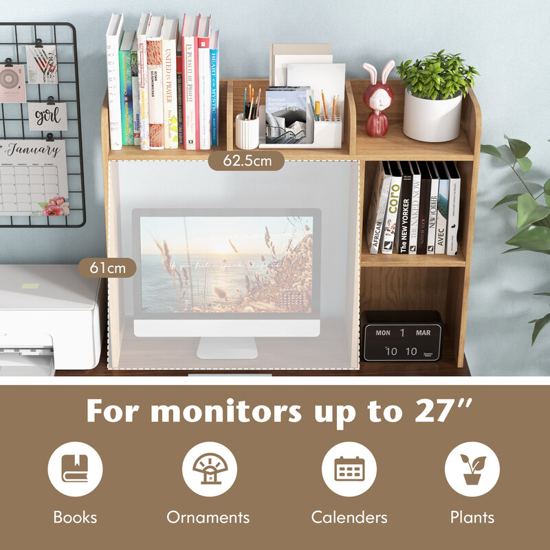 Skrivebordshylde træ naturlig 94x25x74 cm tre etager 45 kg belastning