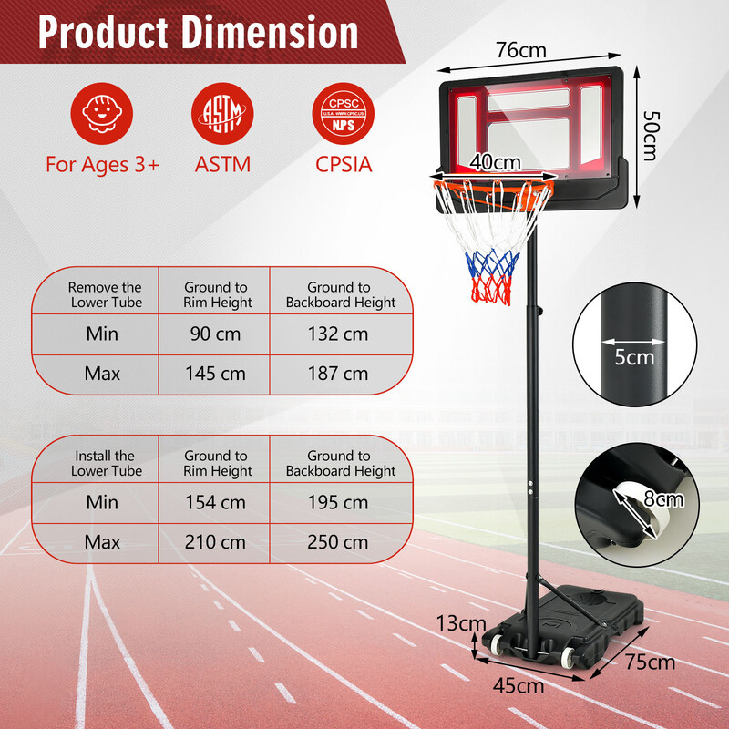 Basketkurv justerbar sort vejrbestandig med hjul og fyldbar base 250 cm
