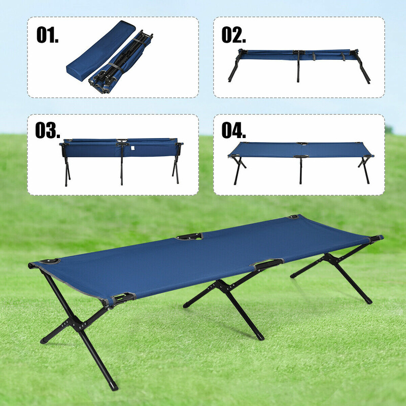 Foldbar campingseng med metalram blå 190x67x42 cm 136 kg