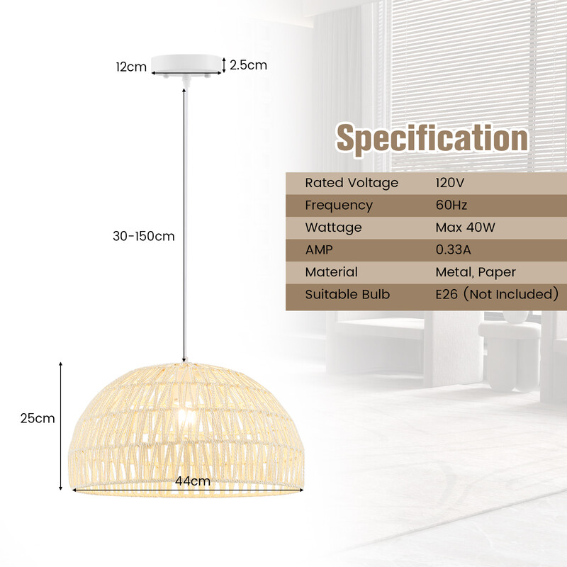 Loftlampe beige papir metal justerbar højde 44x25 cm