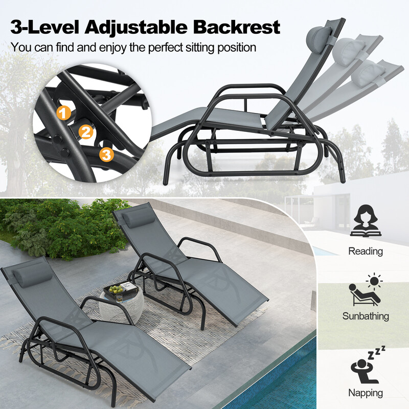 Udendørshvilestol med justerbart rygstøtte ergonomiske armlæn metalramme grå