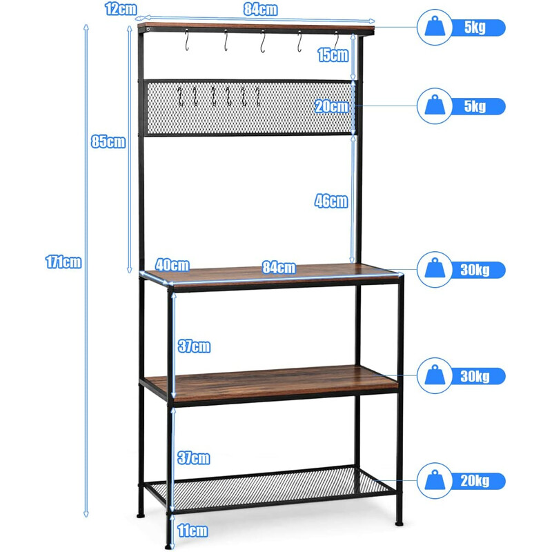 Køkkenopbevaringshylde rustik brun 84x39x171 cm fire hylder 11 kroge