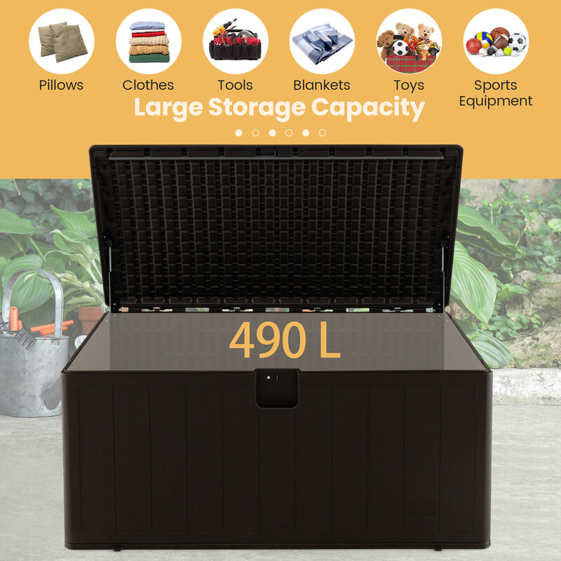 Vandtæt opbevaringskasse 106 L HDPE låsbart låg brun til have og terrasse