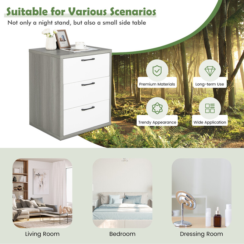 Natbord moderne MDF træ 55x45x65 cm tre skuffer grå hvid