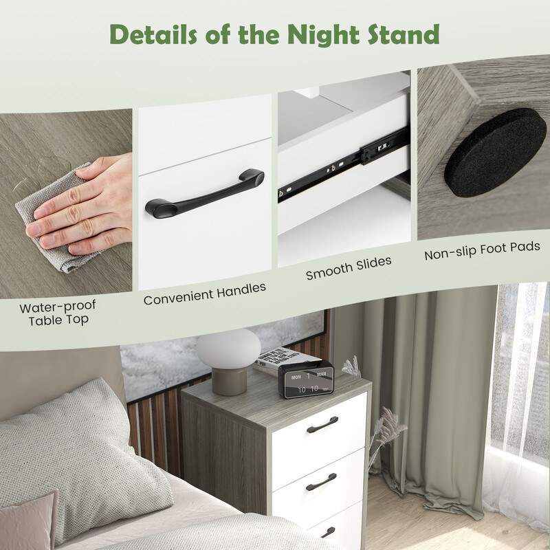 Natbord moderne MDF træ 55x45x65 cm tre skuffer grå hvid