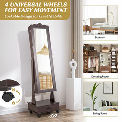 Smykkeskab i brun MDF med helkropsspejl LED-belysning låsbar dør 45x35x157 cm