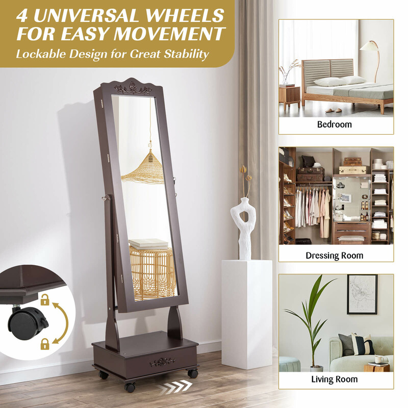 Smykkeskab i brun MDF med helkropsspejl LED-belysning låsbar dør 45x35x157 cm