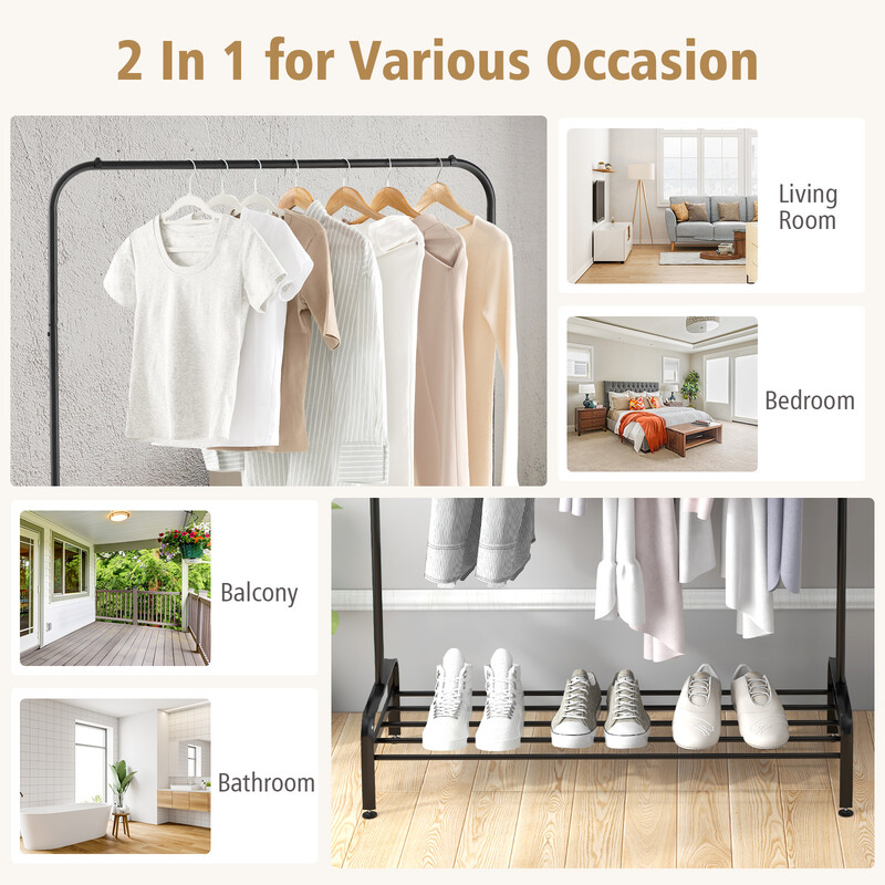 Tøjstativ sort stål 112x42x145 cm med hylde og justerbare fødder