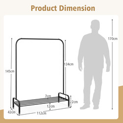 Tøjstativ sort stål 112x42x145 cm med hylde og justerbare fødder