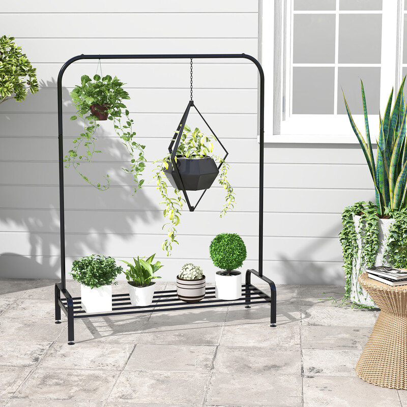 Tøjstativ sort stål 112x42x145 cm med hylde og justerbare fødder