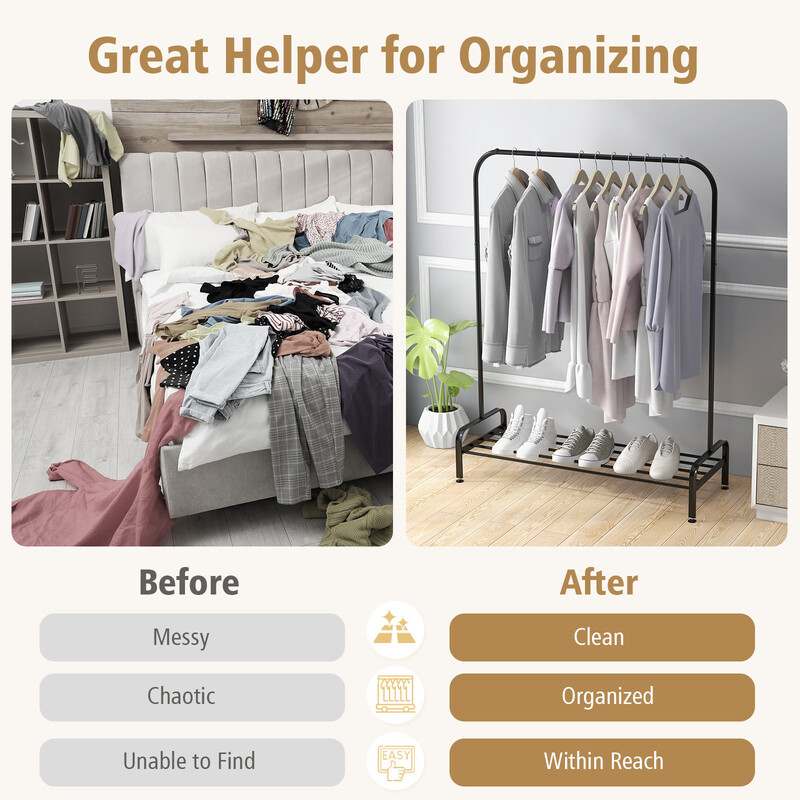 Tøjstativ sort stål 112x42x145 cm med hylde og justerbare fødder