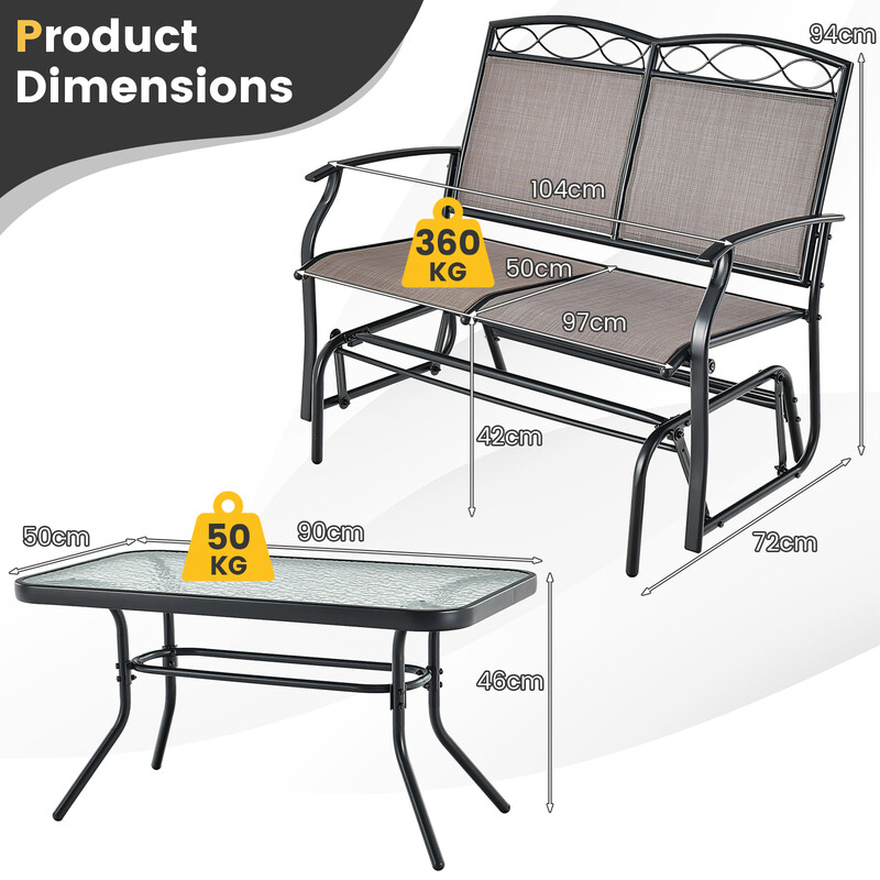 Glidegynge sæt i metal med sofabord tosidet 104x72x94 cm brun