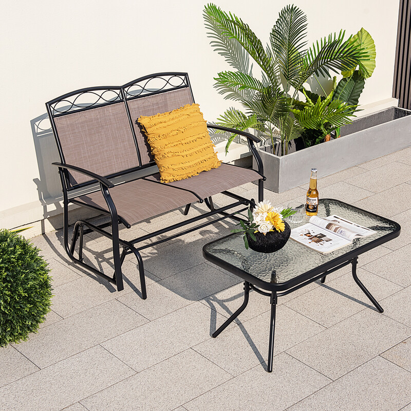 Glidegynge sæt i metal med sofabord tosidet 104x72x94 cm brun