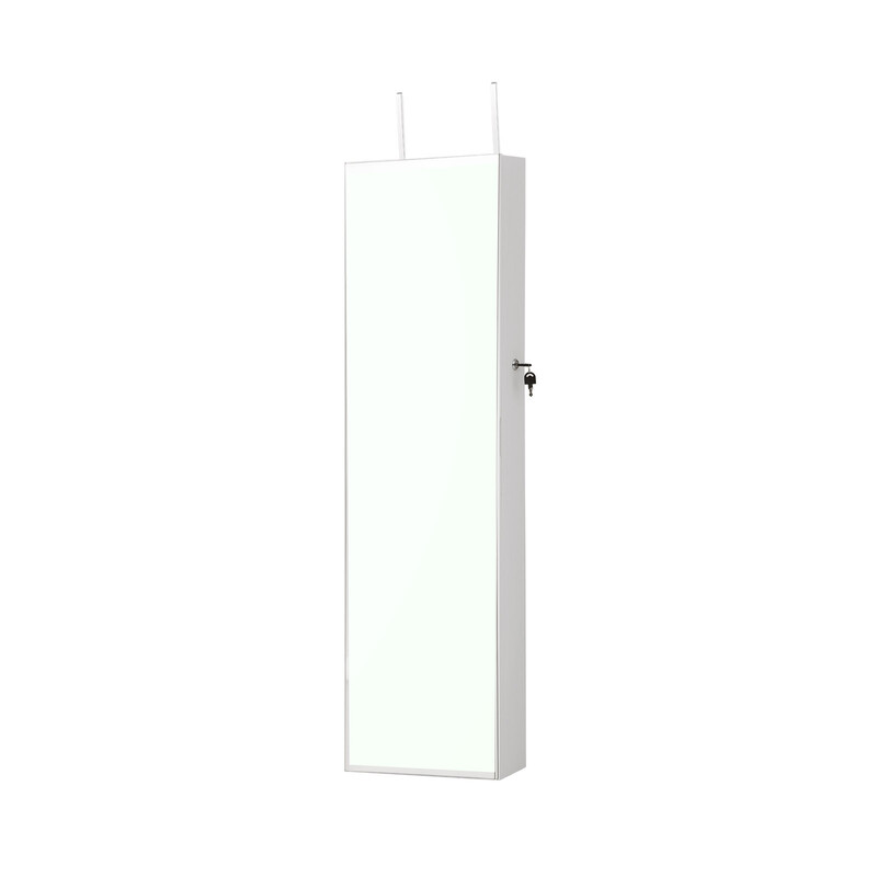 Smykkeskab hvid MDF glas med fuldlængdespejl LED-lys væg dør 37x10x135 cm