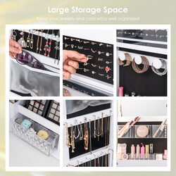 Smykkeskab hvid MDF glas med fuldlængdespejl LED-lys væg dør 37x10x135 cm