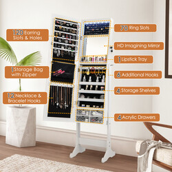 Hvid fritstående smykkeskab med justerbart spejl LED-belysning 41x36x158 cm