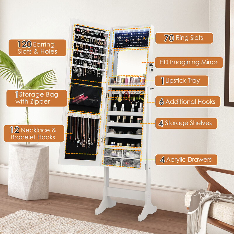Hvid fritstående smykkeskab med justerbart spejl LED-belysning 41x36x158 cm