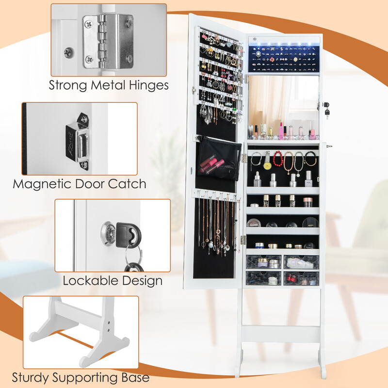 Hvid fritstående smykkeskab med justerbart spejl LED-belysning 41x36x158 cm