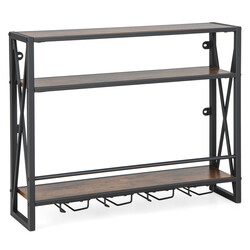 Vægmonteret vinreol trækomposit metal 80x20x63cm rustik brun 3 hylder 16 glas